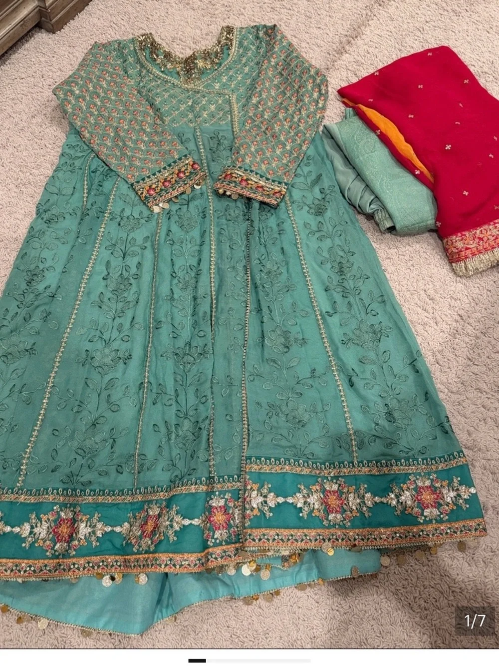 Kids Traditional Teal Embroidered Costume